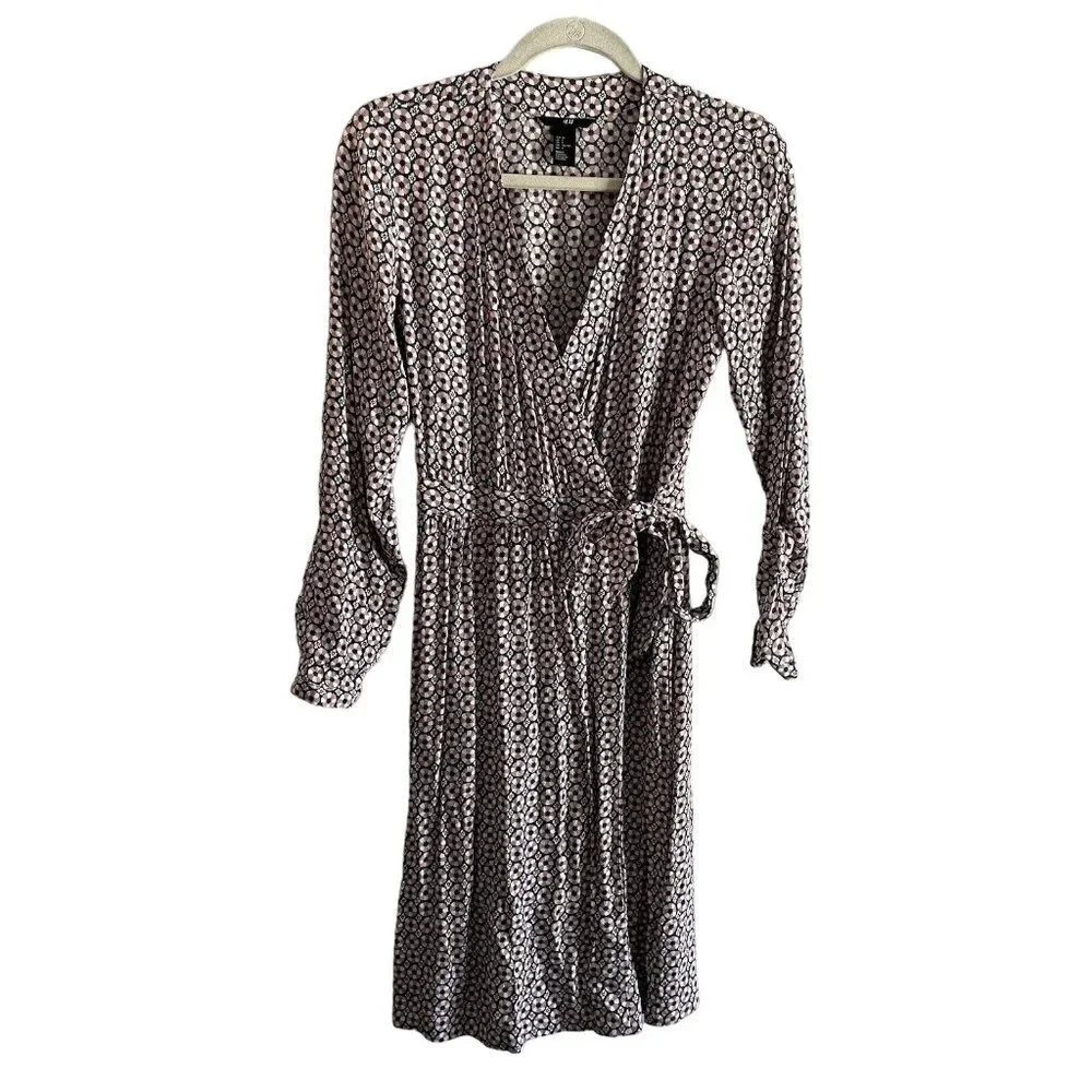 h and m wrap dress Ladies - Black Linen-Blend - Size: Unlined for a lightweight feel. Women's Beige/floral Patterned Wrap-Front Dress
